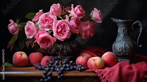 Still life with pink roses and autumn ripe fruits on dark background, for posters