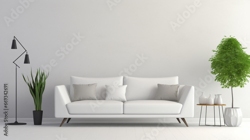 Modern white designer sofa on legs with cushions in middle minimalistic living room. generative ai