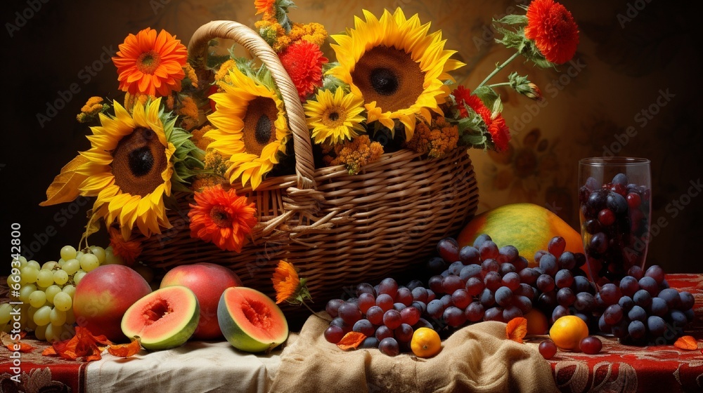 Still life with sunflowers and fruits on artistic background