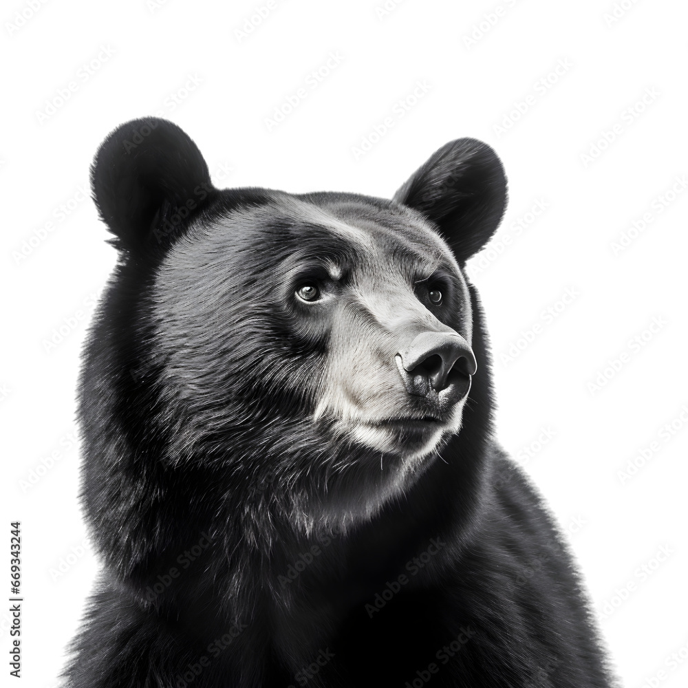 close up shot, portrait of black bear looks up, isolated on transparent background. close up shot, portrait of black bear looks up, isolated on transparent background.
