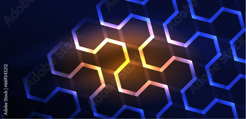 Hexagon abstract background. Techno glowing neon hexagon shapes vector illustration for wallpaper  banner  background  landing page  wall art  invitation  prints  posters