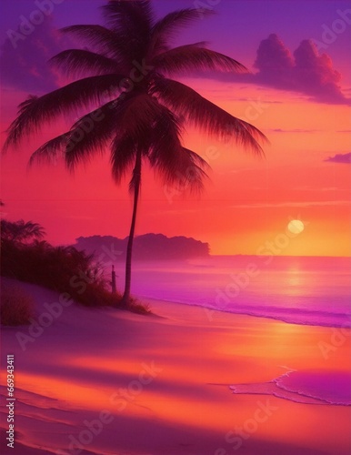 calm beach scene at sunset, waves and palm trees illustration