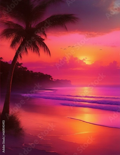 calm beach scene at sunset, waves and palm trees illustration