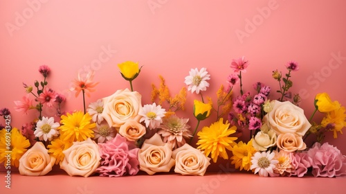 A bunch of flowers with a pink and yellow background