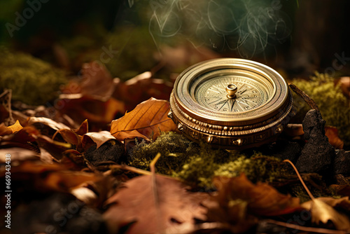 old compass in autumn forest