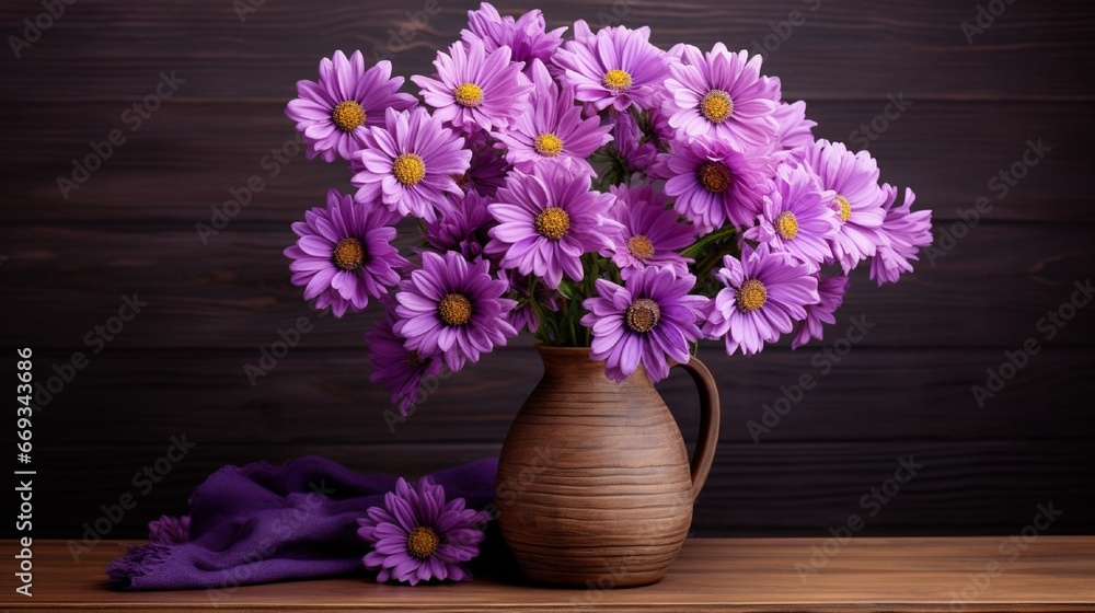 Bunch of purple daisies in rustic vase Bunch of purple daisies in rustic vase