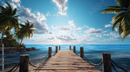 a wooden dock leading to the ocean along side palm trees photo