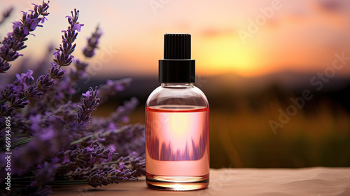 mockup lavender essential oil bottle is sitting on lavender flowers