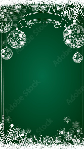 Green Christmas story filter background with winter snowflakes border and decorative balls