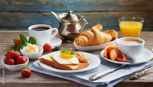 Continental Breakfast on wooden background