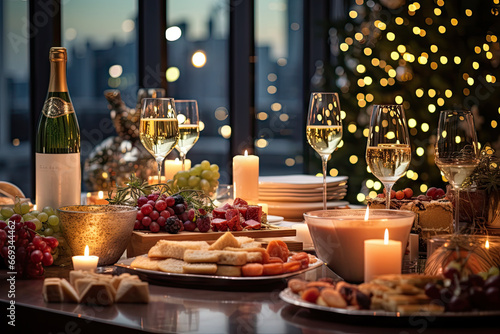 a table setting with wine  cheese  grapes  and cracks on the table in front of a christmas tree