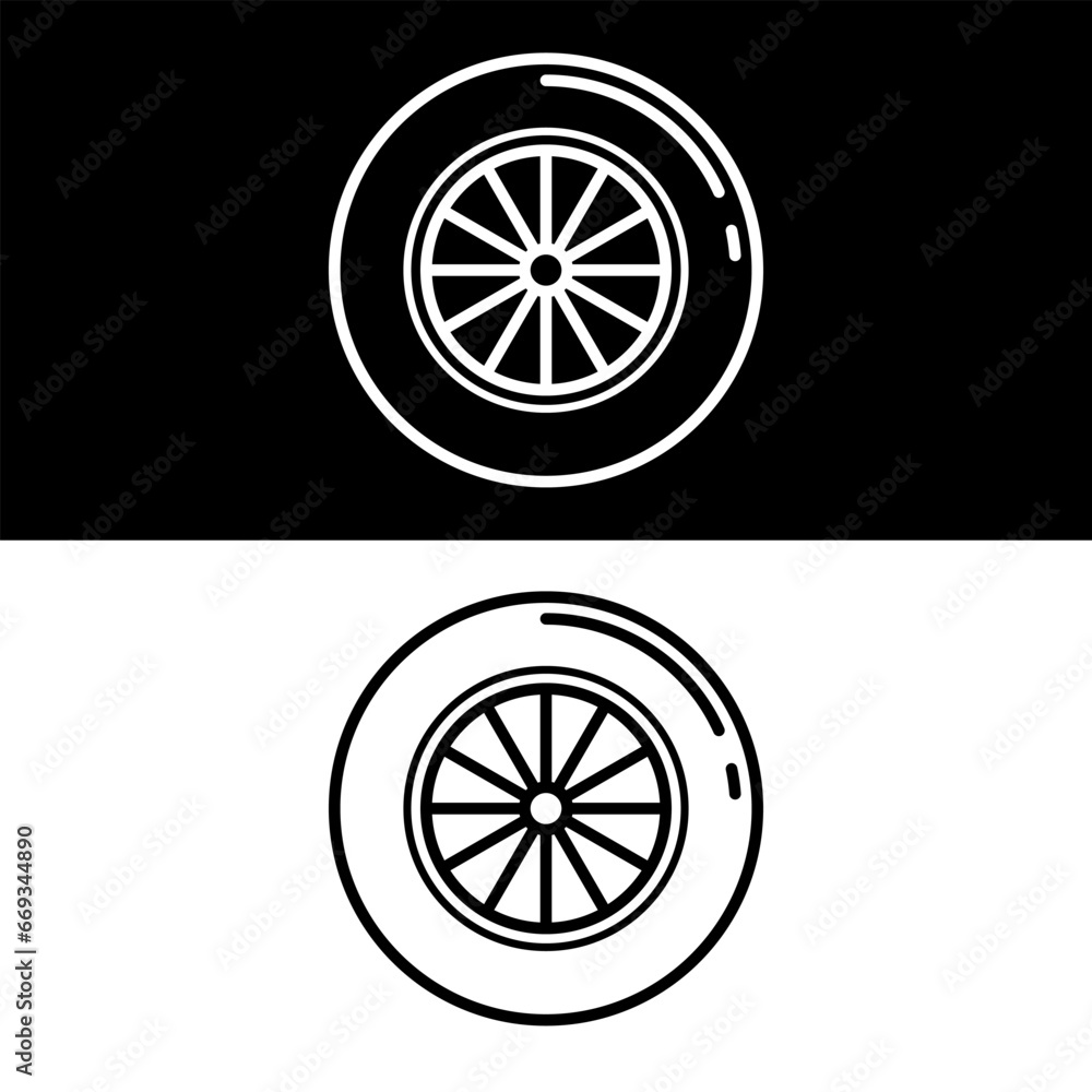 Car Wheel Icon, Black and White Version illustration Design