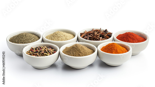 bowls of different spices isolated on white background