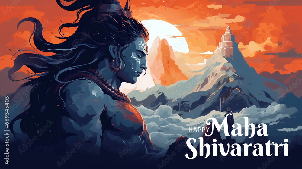Maha Shivaratri Design with God Siva Portrait in Watercolor Painting Style