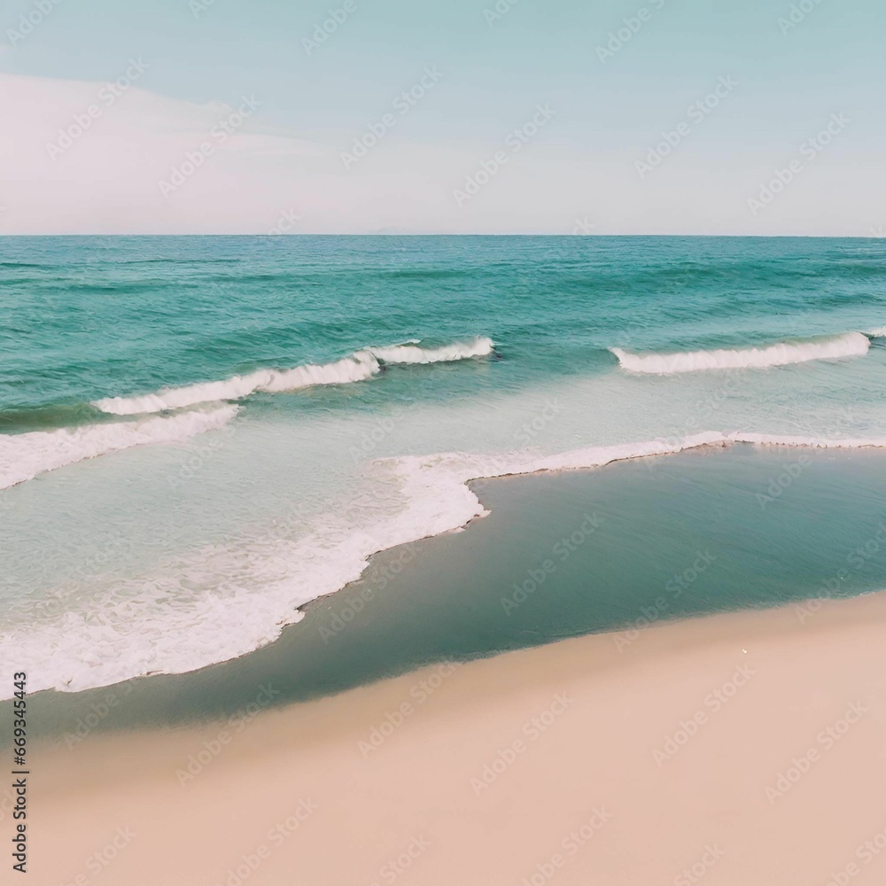 White sandy beaches, ocean with lapping waves, and blue sky with clouds on a sunny day.
