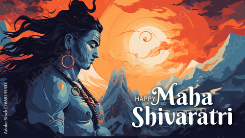 Maha Shivaratri Design with God Siva Portrait in Watercolor Painting Style photo