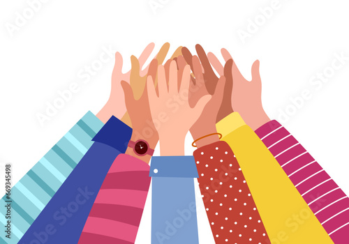 Hand together concept vector illustration. Hands showing unity in flat design on white background. Teamwork.