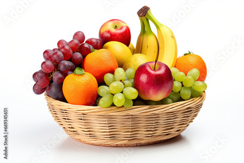 a bunch of different fruits in a basket isolated on white background