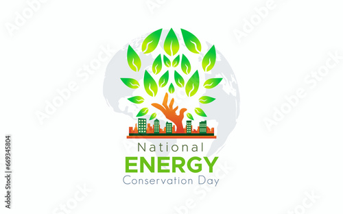 design commemorating national energy conservation day. December 14. green trees and buildings