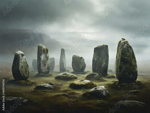 megalithic menhir circle made of stone, covered in moss and very thick fog illustration