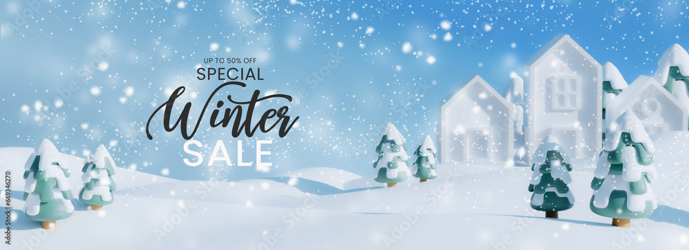 winter sale banner design for website. Home and pine with snowfall mountain background.