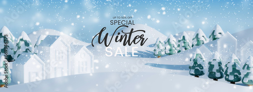 winter sale banner design for website. Home and pine with snowfall mountain background. photo