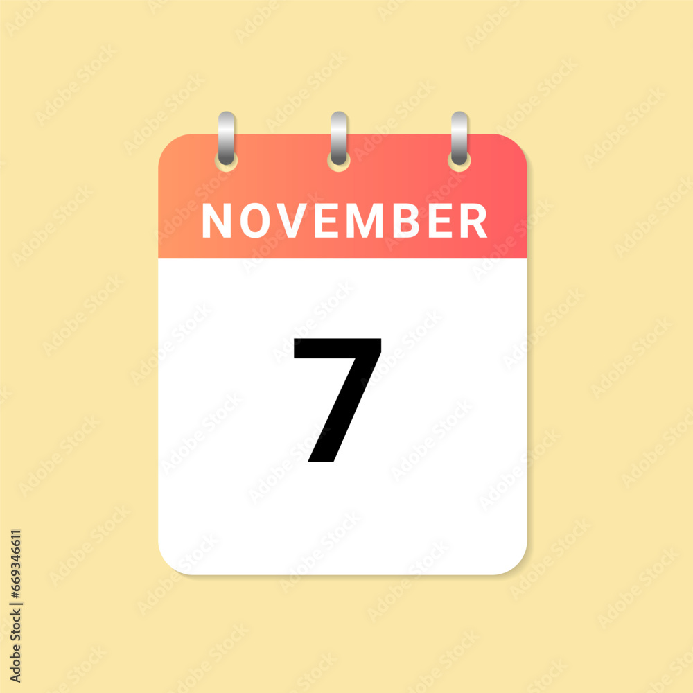 Daily calendar 7th of November month on white paper note Daily calendar 7th of November month on white paper note