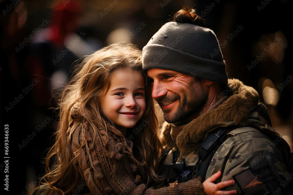 Warm and loving moment between a military father and daughter, sharing an embrace in an outdoor winter setting.
