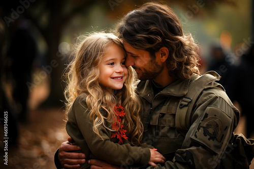 Loving military father embracing his daughter amidst autumnal colors, capturing a serene and heartfelt moment together.