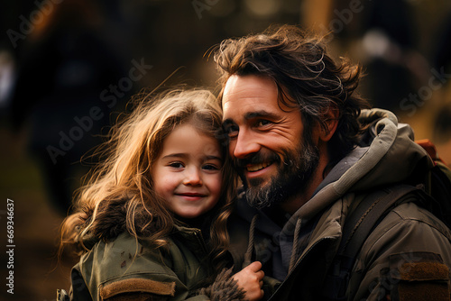 Loving army father and daughter share a genuine moment of connection and joy during an outdoor journey. © apratim