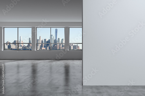 Downtown New York City Lower Manhattan Skyline Buildings. High Floor Window. Mock up wall. Real Estate. Empty room Interior Skyscrapers View Cityscape. Financial district. Day. 3d rendering.