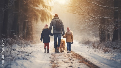 A happy family walks their golden retriever in the outside winter woodland. Generative Ai.