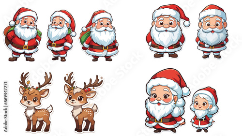 Multiple illustrations of Santa Claus, Mrs Claus, and reindeer