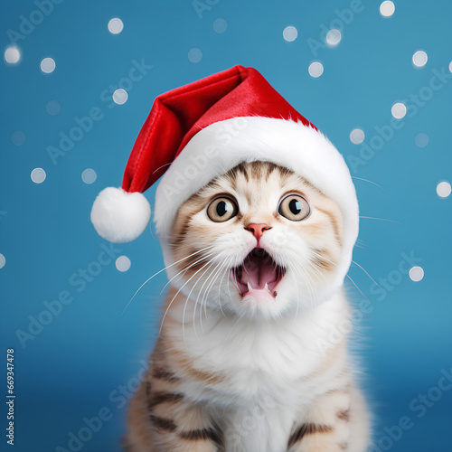 cute cat with big eyes in a Santa hat with an open mouth on a blue background.