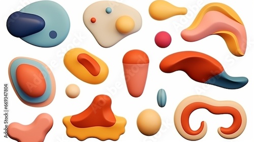 A collection of cartoon-style 3D abstract shapes. Realistic elements in gentle multicoloured tones for use in a variety of ornamental designs. Year 2000. isolated against a white backdrop. vector