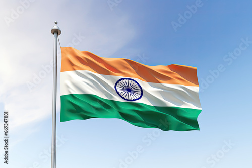 an indian flag flying high against a blue sky
