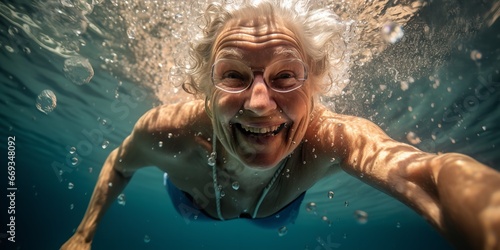 A mature citizen in good health swimming in a mineral-water pool at a public facility. Generative Ai.