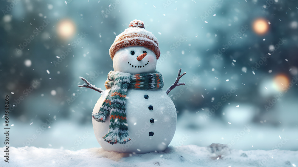 A snowman on a snowy ground wearing a hat and a knitted scarf on a magnificent snowy background.