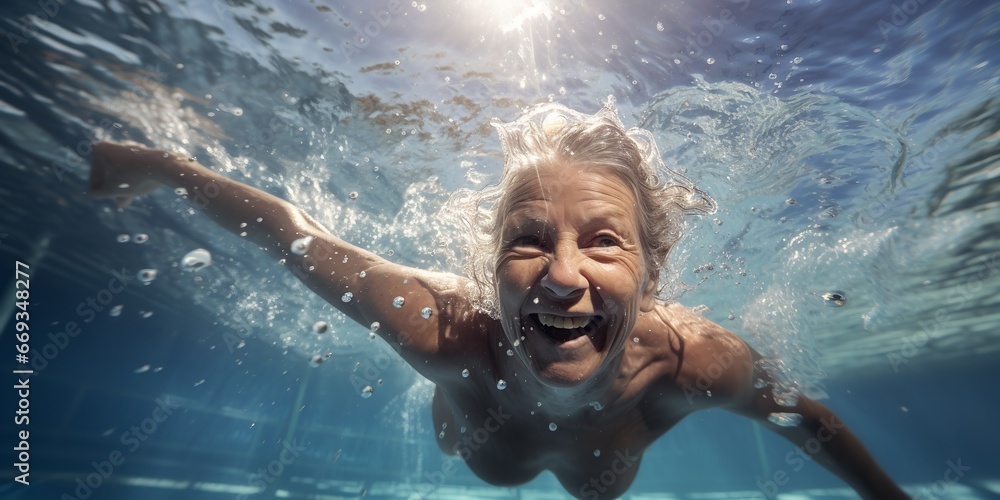 A mature citizen in good health swimming in a mineral-water pool at a public facility. Generative Ai.