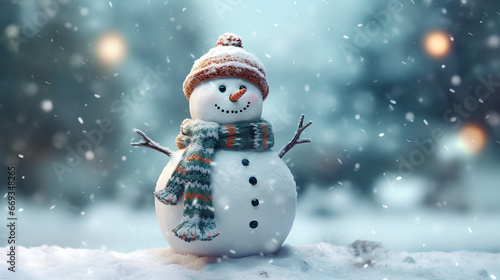 A snowman on a snowy ground wearing a hat and a knitted scarf on a magnificent snowy background. © Свет Лана