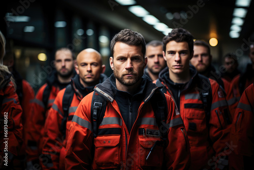 Focused emergency workers in red protective gear, standing united in an urban setting, portraying leadership and determination.