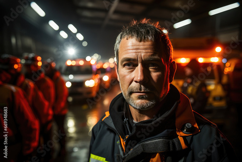 Portrait of a determined mature emergency worker, illuminated by nighttime emergency scene lights, with team in the background.