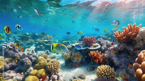 Colorful tropical fish life in the coral reef, animals of the underwater sea world, Generative AI © khwanchai