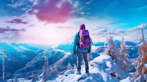 A mountain hiker in the winter. Generative Ai.