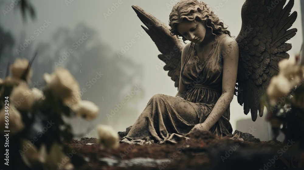 Beautiful Angel Statue in a Serene Cemetery Setting - A Thoughtful Tribute