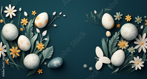 Easter eggs with a banner with a handwritten happy easter greeting on dark blue ground  © mahamudul