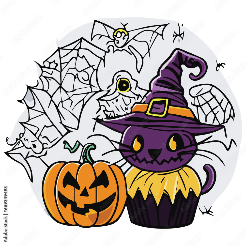 Isolated Halloween elements for design ideas on white background. Cute pumpkins, black cat, ghost, cupcake, spider, witch hat, halloween calander, treats