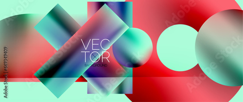Squares and circles design. Fluid color gradients with metallic effects. Serene synergy of shapes, merging squares and circles into harmonious, captivating design