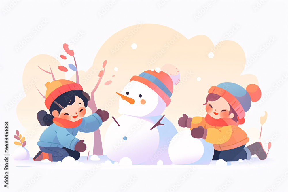 Concept illustration of the Beginning of Winter solar term, illustration of children building a snowman outdoors in winter Concept illustration of the Beginning of Winter solar term, illustration of children building a snowman outdoors in winter