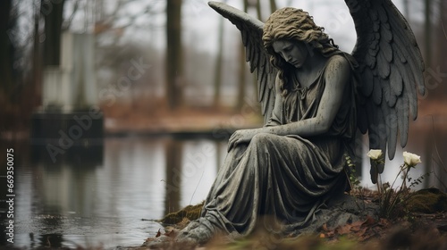 Beautiful Angel Statue in a Serene Cemetery Setting - A Thoughtful Tribute